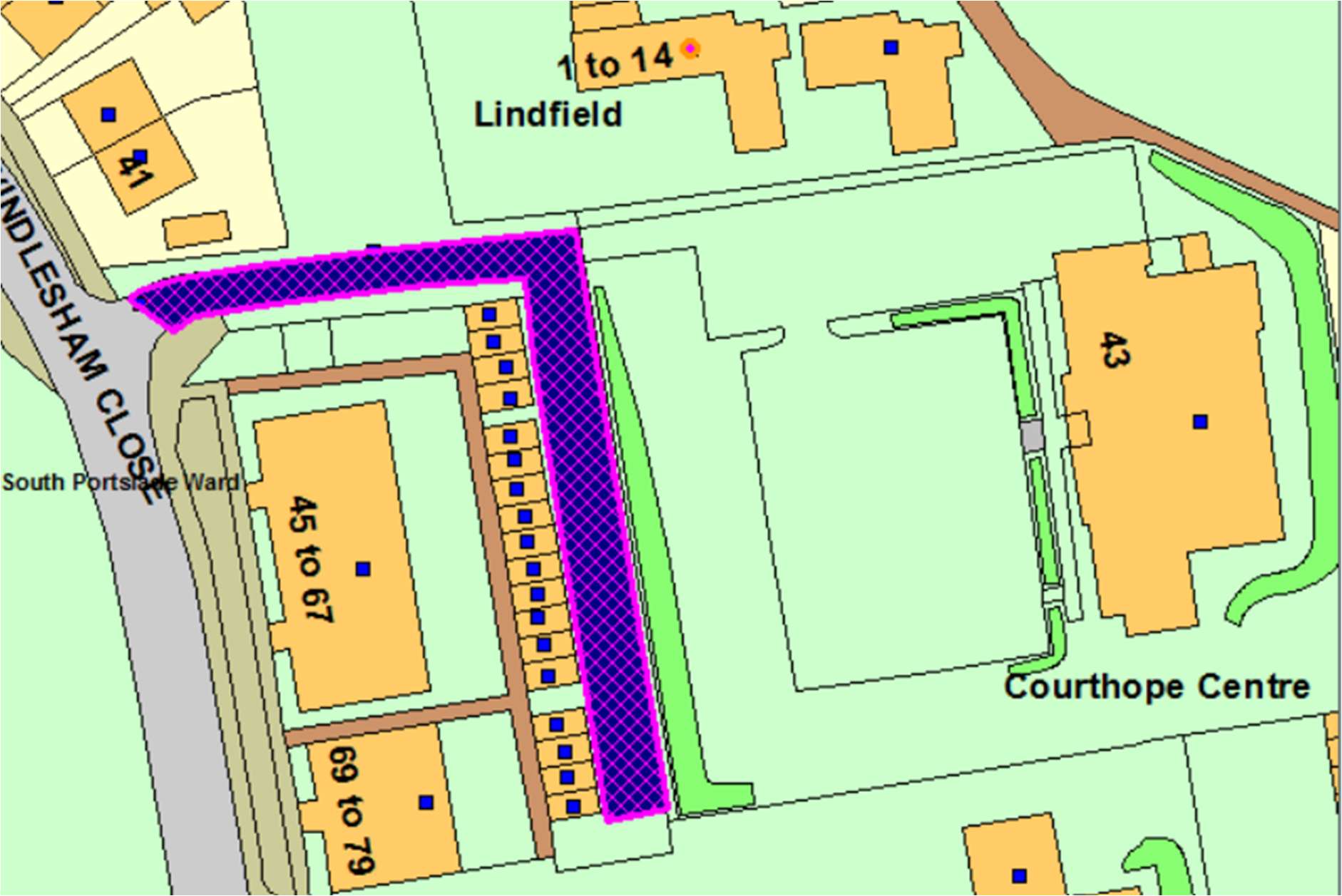 "Map showing Courthope close location. The close extends off Windlesham close to the east initially before heading south. The south-heading section of the road is opposite Courthope centre"