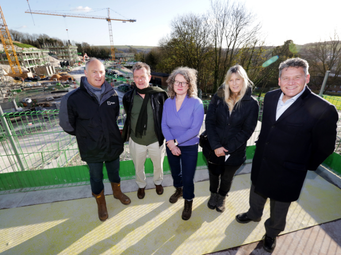 Pictured left to right at the Homes for Brighton & Hove Homes development site in Coldean - Guy Slocombe, Hyde Group Chief Investment Officer; Councillor David Gibson, co-chair of the Housing Committee; Councillor Siriol Hugh-Jones, co-chair of the Housing Committee; Councillor Theresa Fowler, Hollingdean & Stanmer ward councillor and opposition member of the Housing Committee; and Neal Ackcral, Hyde Group Interim Chief Executive Officer.