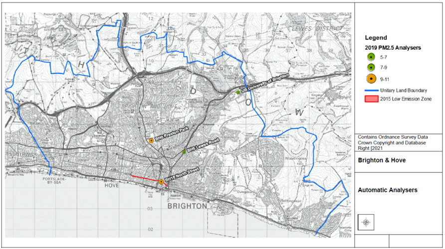 Map of Brighton & Hove showing Automatic Monitoring Sites.