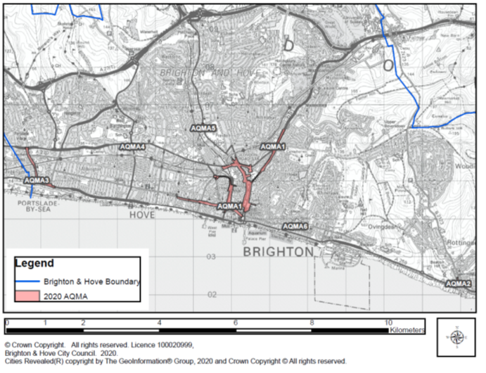 Map of Brighton & Hove showing AQMAs