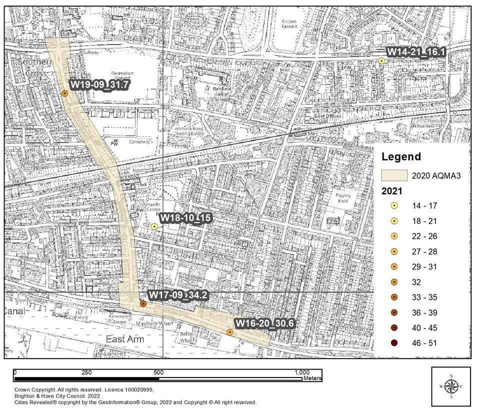 Map of Portslade-by-sea showing AQMA 3 A293 and A259 area.