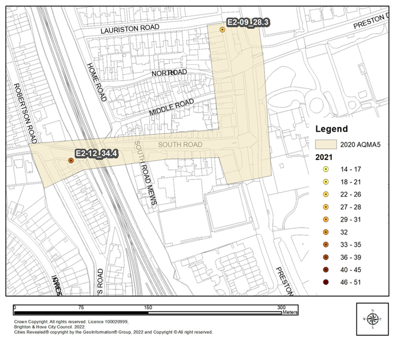 Map of AQMA 5 Monitoring The Drove and Preston Road A23