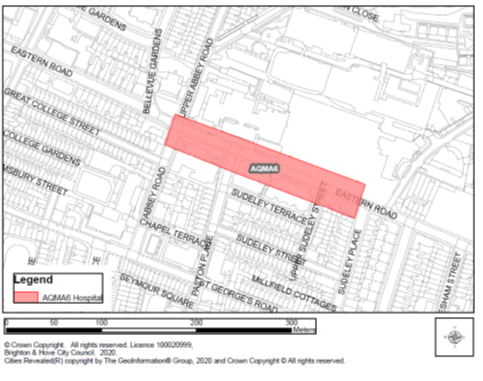 Map of Eastern Road, Brighton showing AQMA 6.