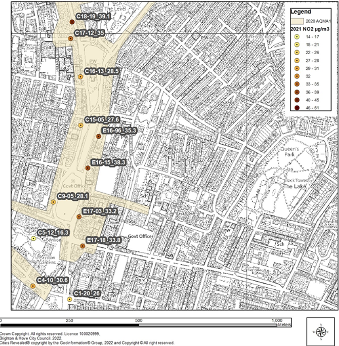 Map of Brighton showing AQMA 1 Monitoring Valley Gardens