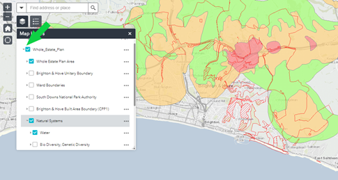 Image to explain how to view the ‘layers’ button on the Whole Estate Plan map