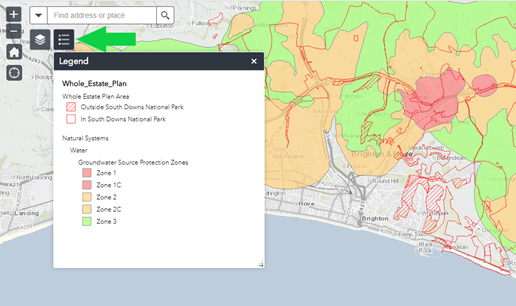 Image to explain how to view the &lsquo;legend&rsquo; button on the Whole Estate Plan map