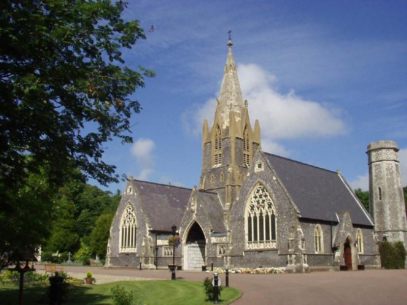 Woodvale Crematorium building with the North Chapel on the left and South Chapel on the right of the main crematorium building
