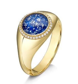 "Halo signet ring, in gold metal with a blue stone"
