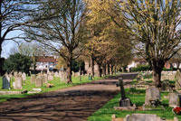 "Portslade cemetery with headstones both sides of a path"