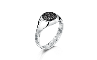 "silver signet ring with a black stone"