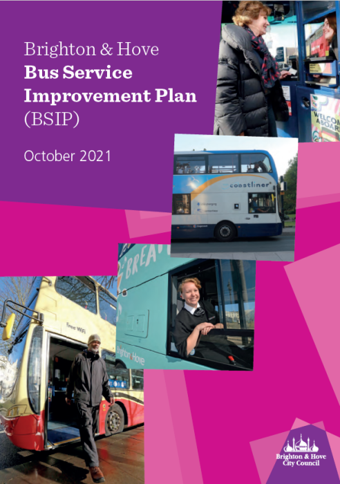 Front cover of the Bus improvement plan. Person buying a ticket from an office. Stagecoach bus. Bus driver. Person stepping off a bus.