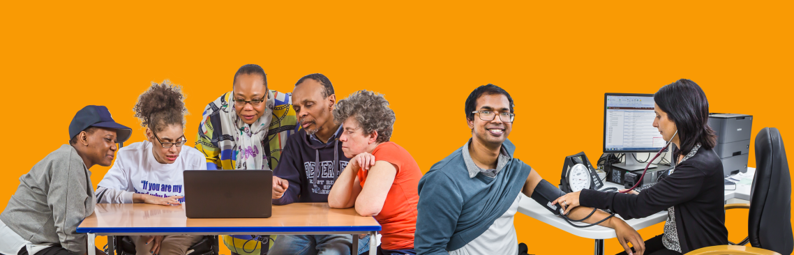 A group of people around a computer table and a person with a health care professional.