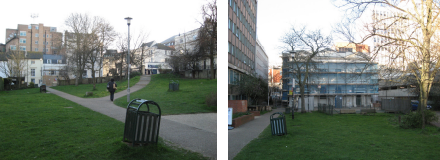 A square grassy park with pathways running through it. It is surronded on all sides by blocks of flats