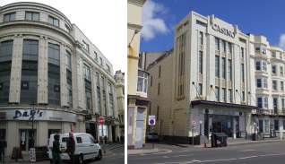 Two photos of the former. A large cream building with elongated windows and detailing in an art deco style.
