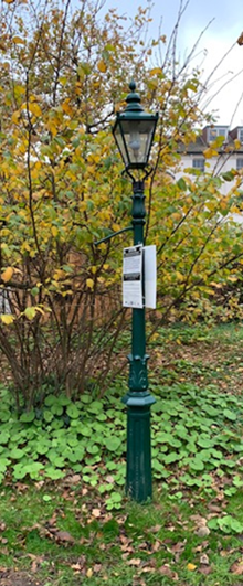 The green painted lighting column with lantern.