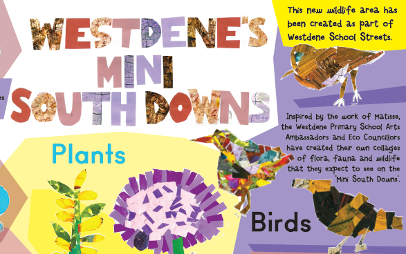 An interpretation board designed by children at Westdene Primary School for the &lsquo;mini South Downs&rsquo; they helped to create in the school&rsquo;s grounds.
