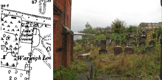 An old map of the Jewish burial site alongside a photo from the present day. In the picture there are various weathered grey tombstones protruding from overgrown brown and green wild grassland 