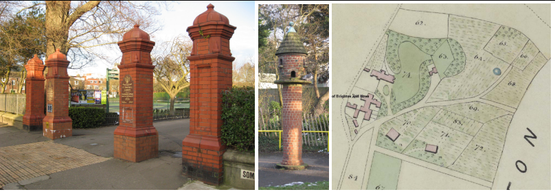 Image of St Ann&rsquo;s Well Gardens, Somerhill Road, Hove. An image of a map of the park, and some of the red brick features in it.