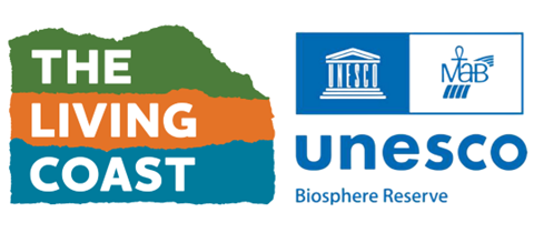 The Living Coast green, brown and blue logo and the UNESCO Biosphere Reserve logo showing a heritage building in Greek classical style