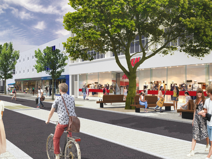 An artist impression of a road with trees, a cyclist and pedestrians
