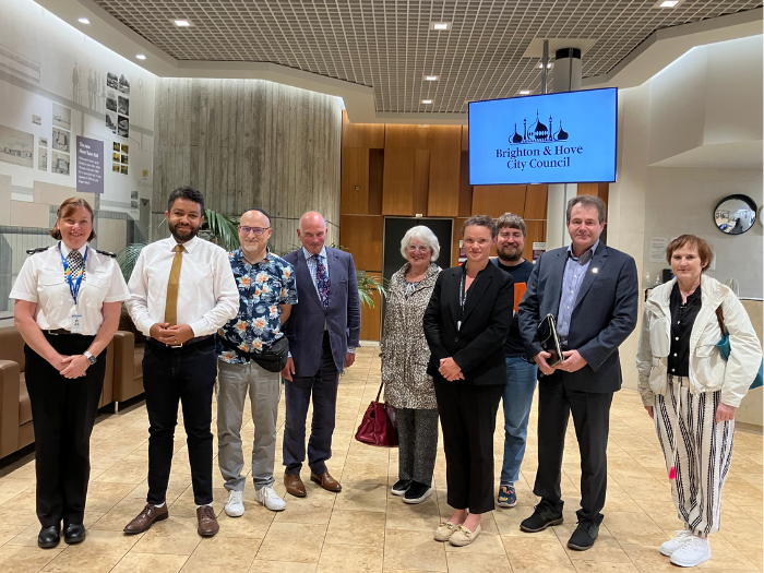 Photo of Superintendent Rachel Carr, Sussex Police (left), Councillor Leslie Pumm (2nd from left) and Councillor Bella Sankey (4th from right), with Brighton & Hove leaders of Jewish communities, Rabbis, Synagogues, and Jewish Community Organisations, in Hove Town Hall