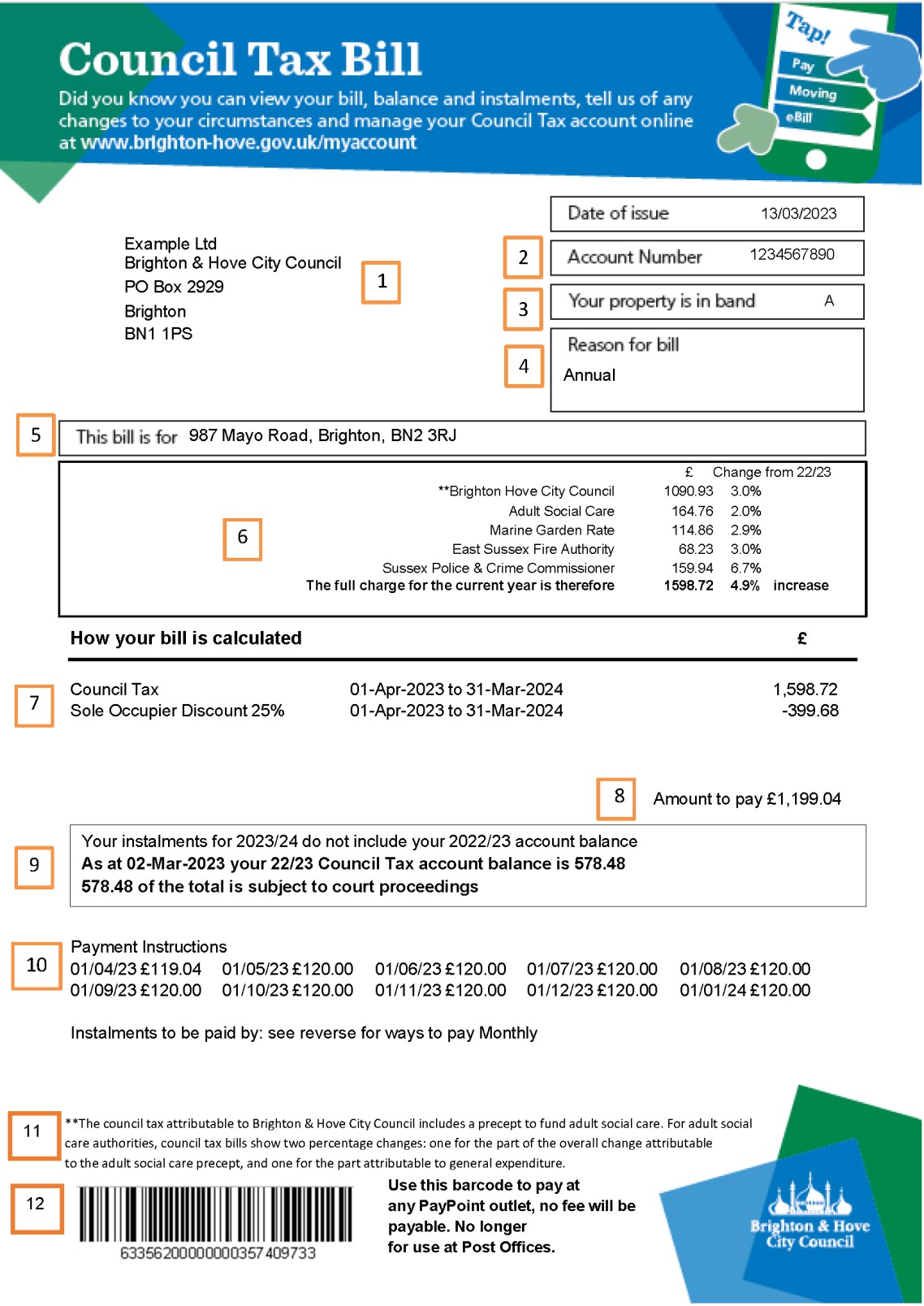 Council Tax bill example. Instructions included on web page.