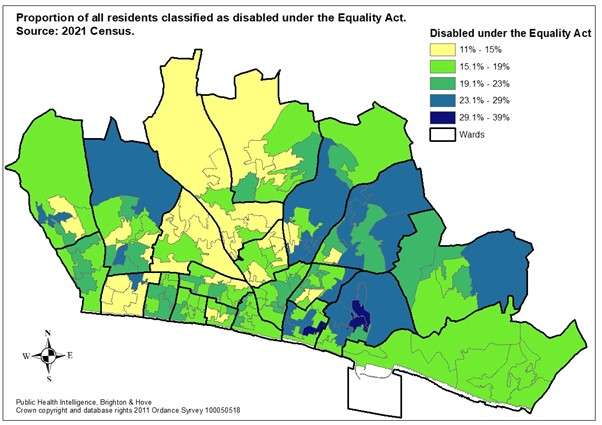 Map showing the proportion of all residents classified as disabled under the Equality Act by area