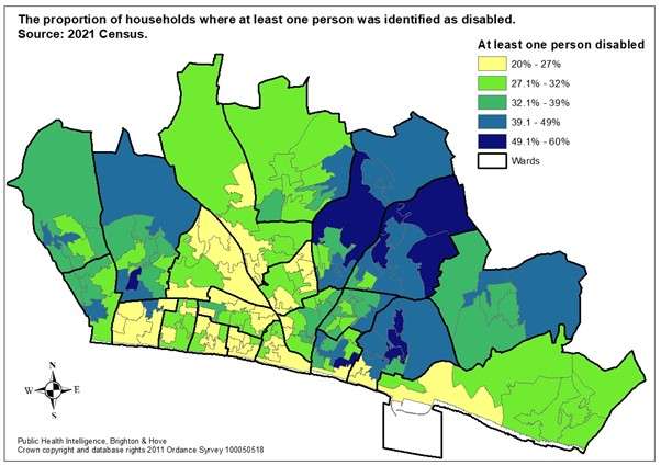 Map showing the proportion of households where at least one person identified as disabled, by area