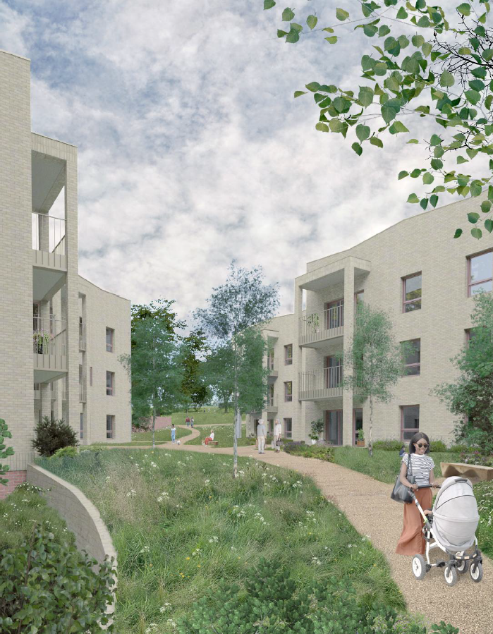 Mock up image of new Portslade Village Centre, with path running through centre of image. Woman with a baby in a pram is on the path.