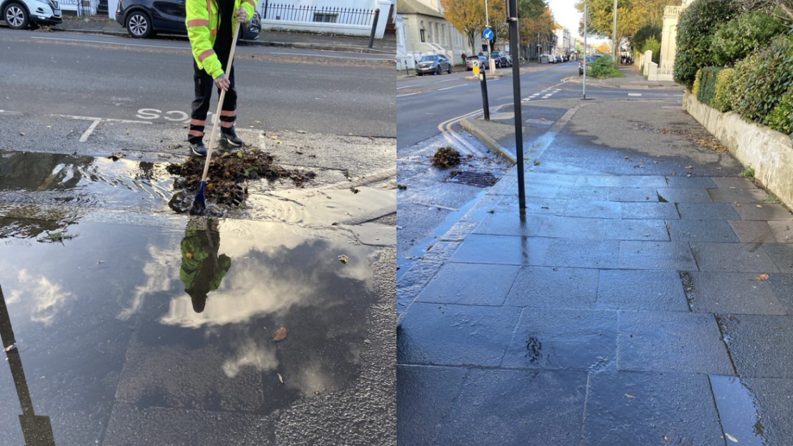 Before and after photographs of an operative unblocking a drain in Brighton & Hove.