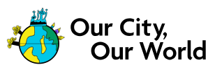 Our City, Our World logo with image drawn by children of a planet with trees, beach huts and Brighton buildings coming out of the surface