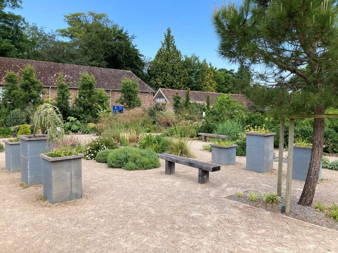 Photograph of One Garden Brighton showing a bench surrounded by greenery
