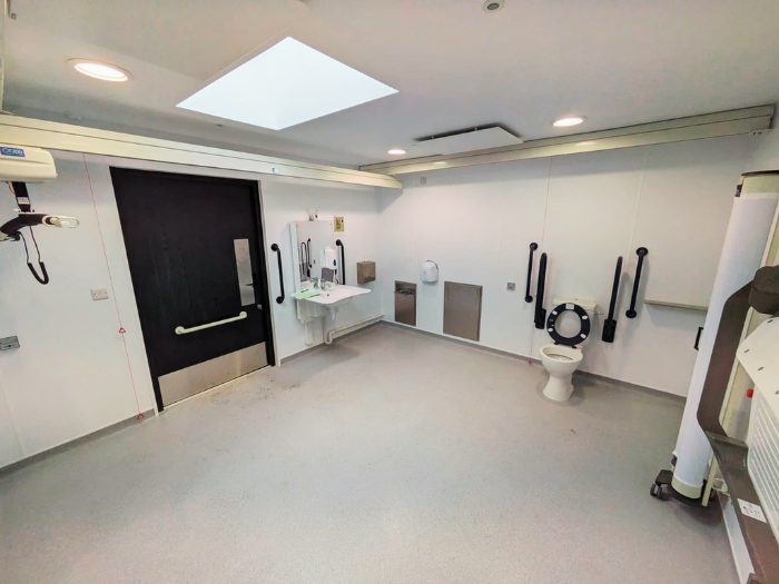 A picture of a bathroom with toilet, basin, handrails and winch