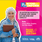 Image of a parking officer next to the text "I'm supporting businesses by making sure loading bays are being used correctly"
