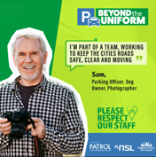 Parking officer with text "I'm part of a team, working to keep the cities safe, clean and moving."