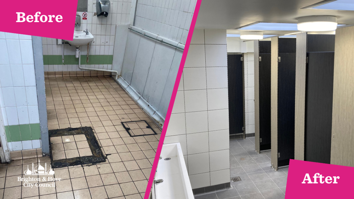 Before and after pictures of a public toilet block