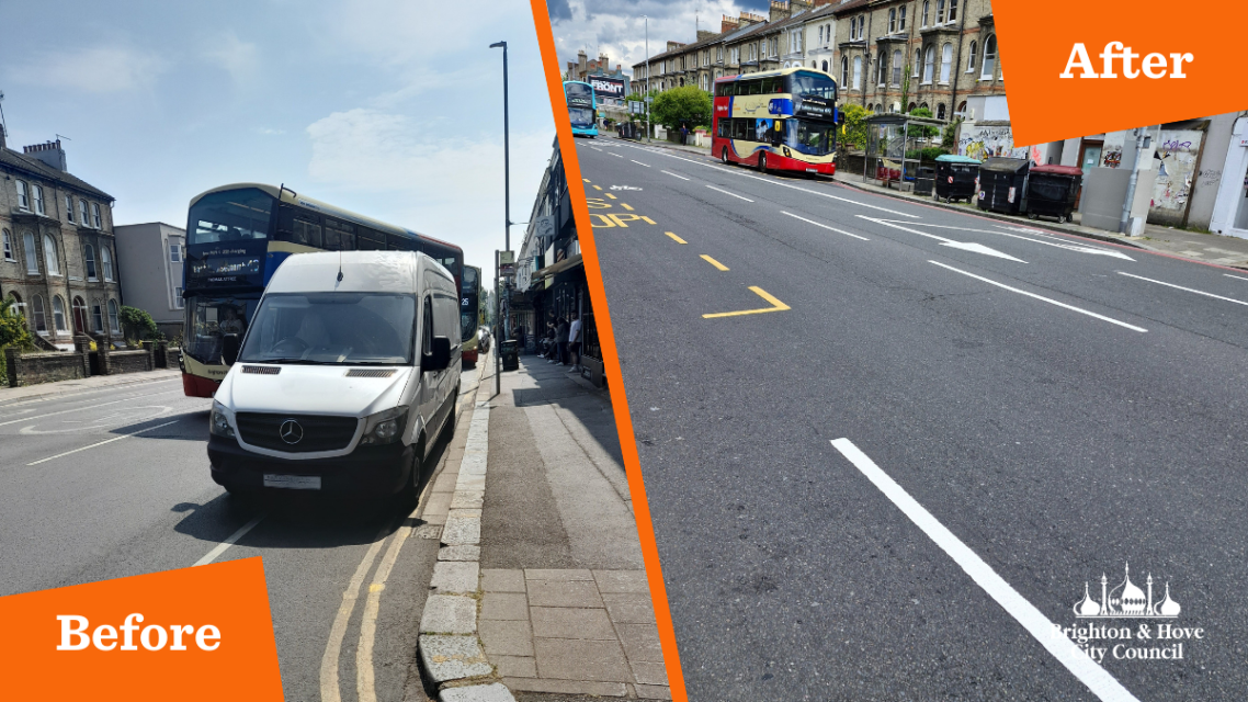 a before and after picture of a road, one with a van parked on a double yellow line, the other with a clear road