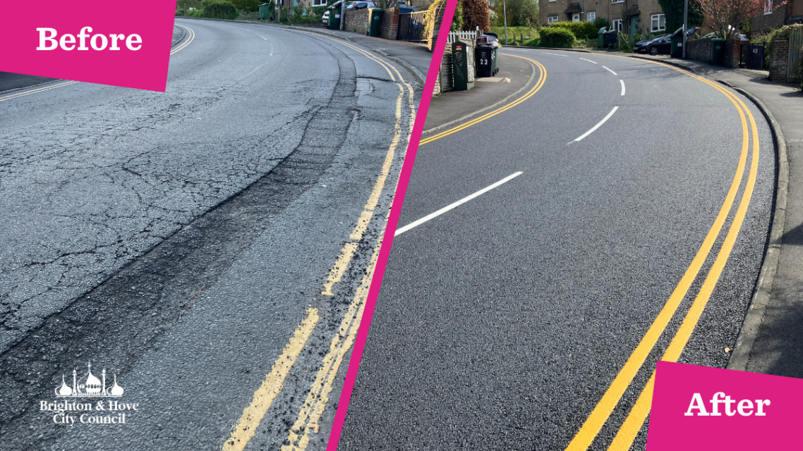 A before and after picture of a road after it has been resurfaced