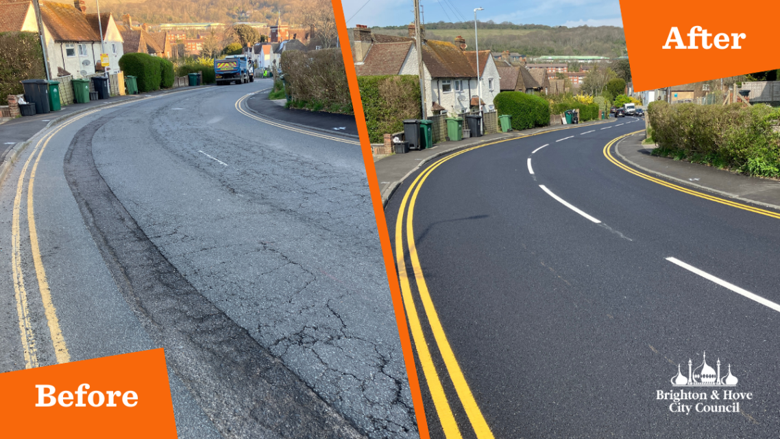 A before and after picture of a road after it has been resurfaced