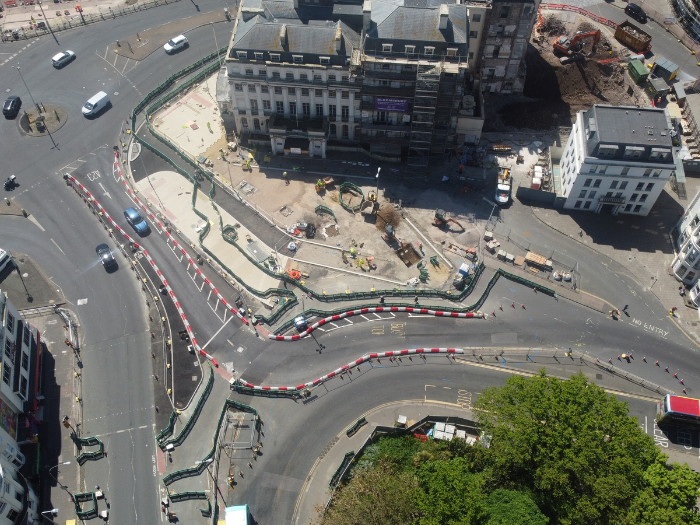 A drone shot of a road junction