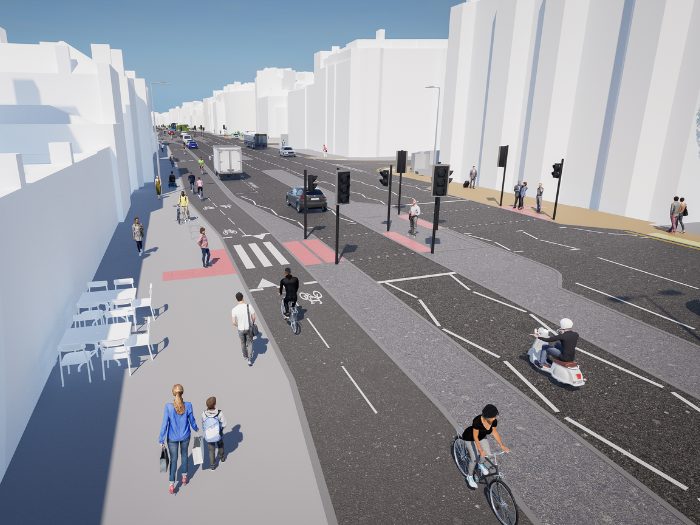 A computer visualisation of a road, pavements, green space, cars, pedestrians and cyclists