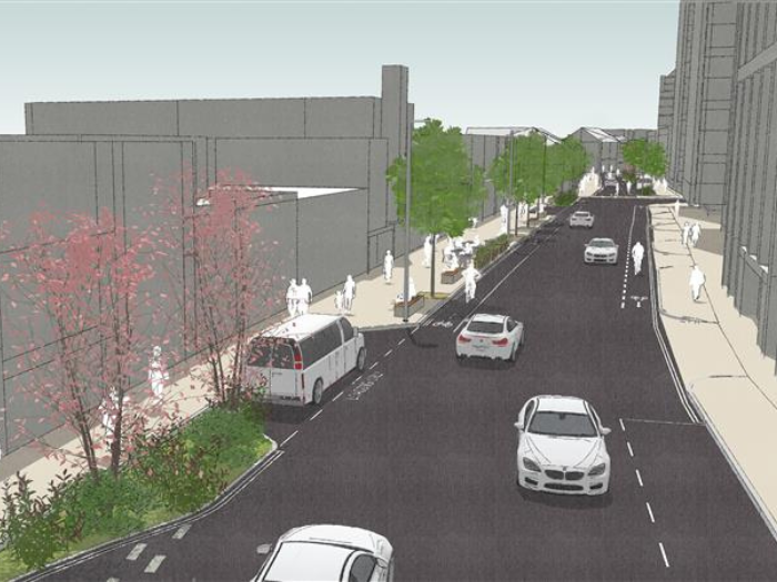 a computer visualisation of a road with green spaces and cars