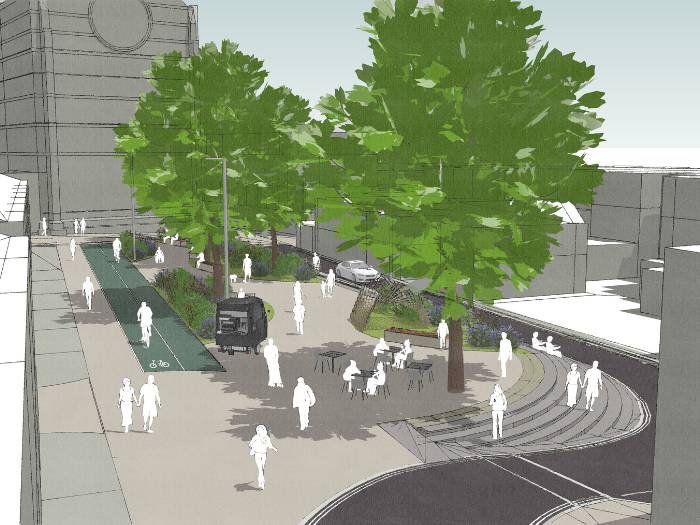 A computer visualisation of a road, pavements, green space, cars, pedestrians and cyclists