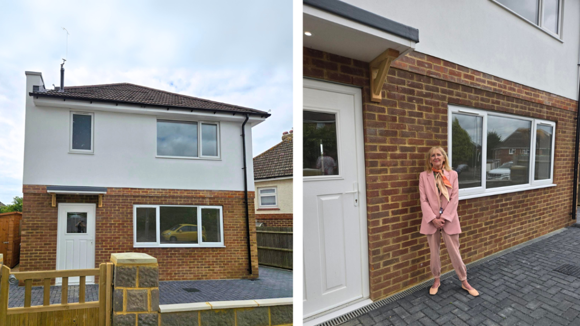 The image shows a photo of a brand new house with neat brick finish and a photo of Councillor Gill Williams standing in front of the same house.