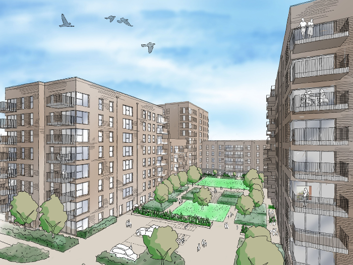 An architect illustration of the proposed Homes for Brighton & Hove development on the former Sackville Trading Estate in Hove