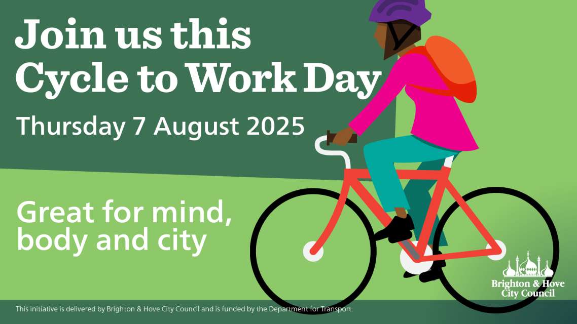 A cartoon picture of a person riding a bike and carrying a backpack with the caption "join us this cycle to work day Thursday 7 August 2025"