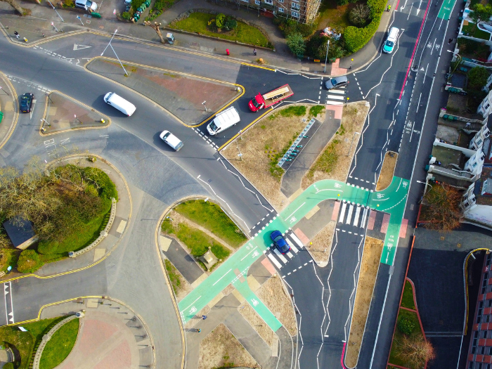 A drone shot of a road junction from above