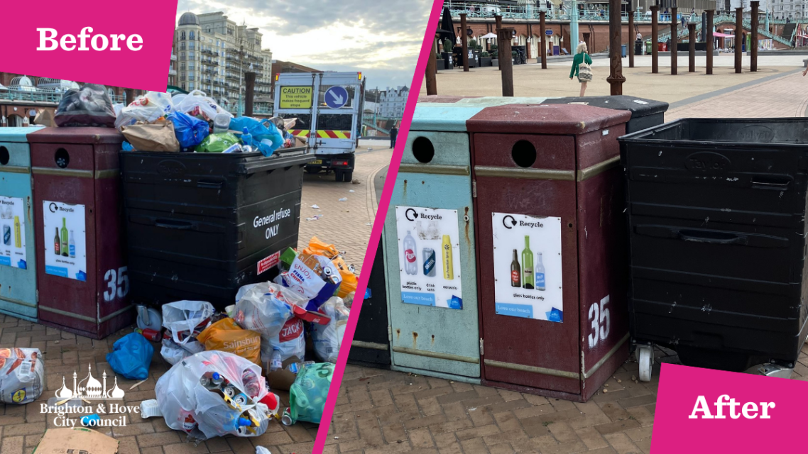 Before and after photos showing bins overflowing and then after they have been emptied and discarded rubbish removed.