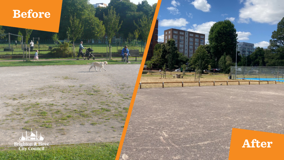 A graphic shows two pictures of a petanque court, one before improvements and one after improvements, with before and after written in text indicating which is which
