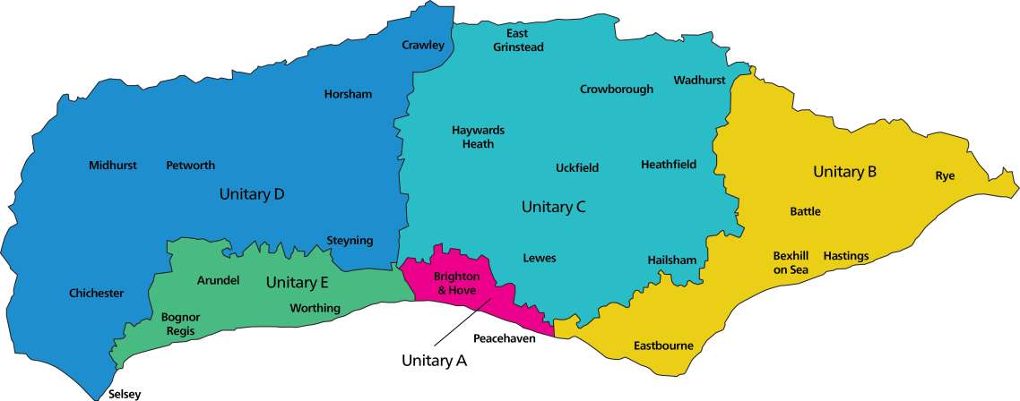A map of Sussex showing plans for 5 unitary authorities